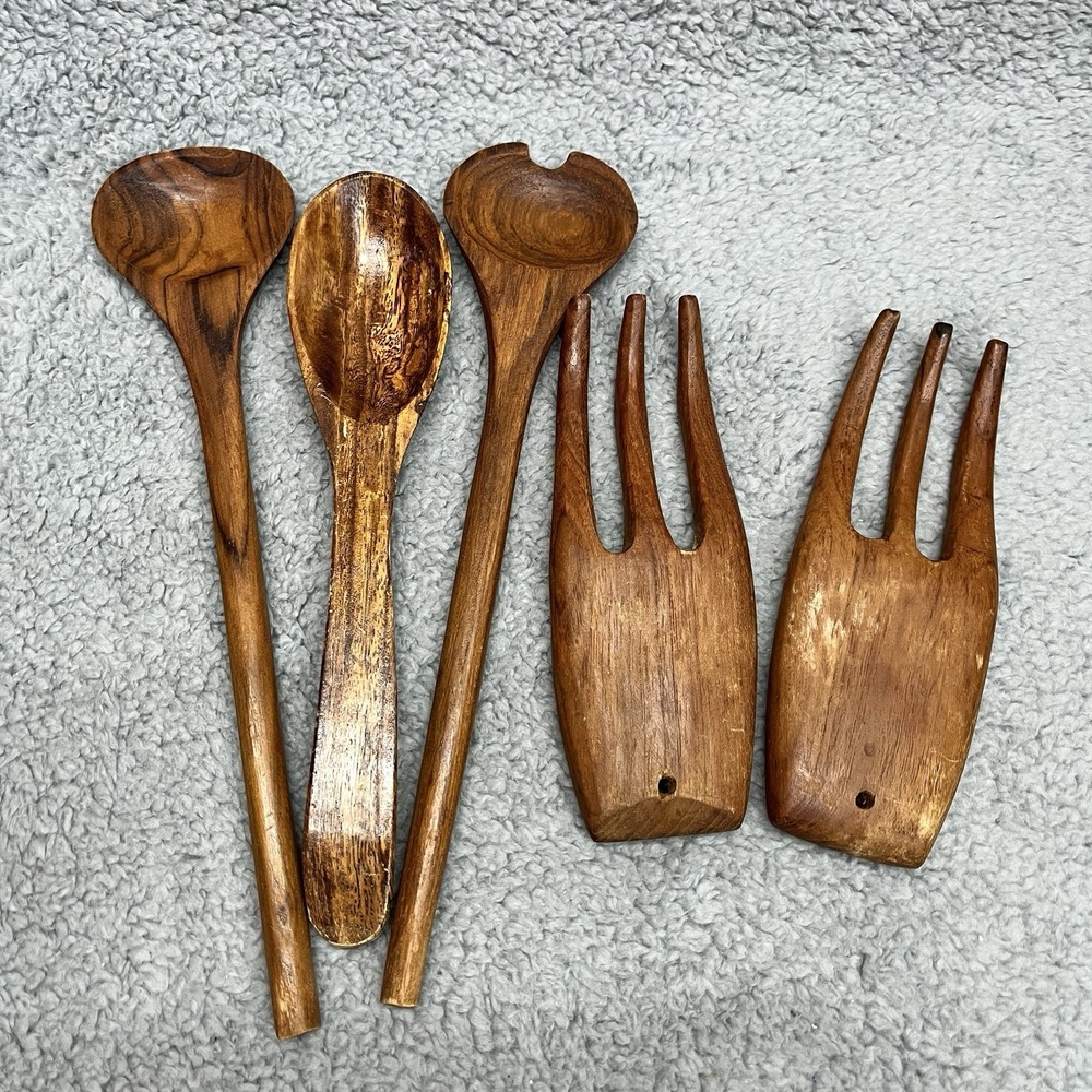 Wooden Serving‎ Kitchen Utensils Vintage Spoons Forks Salad Serving Set 5 Pieces